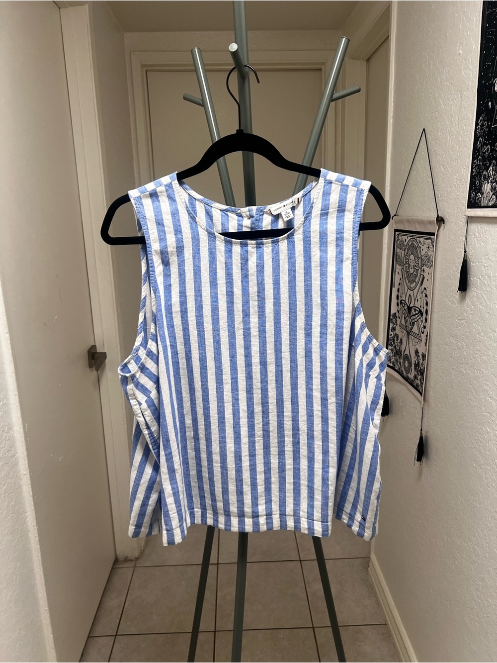 Tommy Hilfiger Blue and White Striped Linen Sleeveless Tank